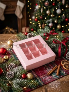 Pudełko na pralinki/praliny 9 sztuk różowe z okienkiem  